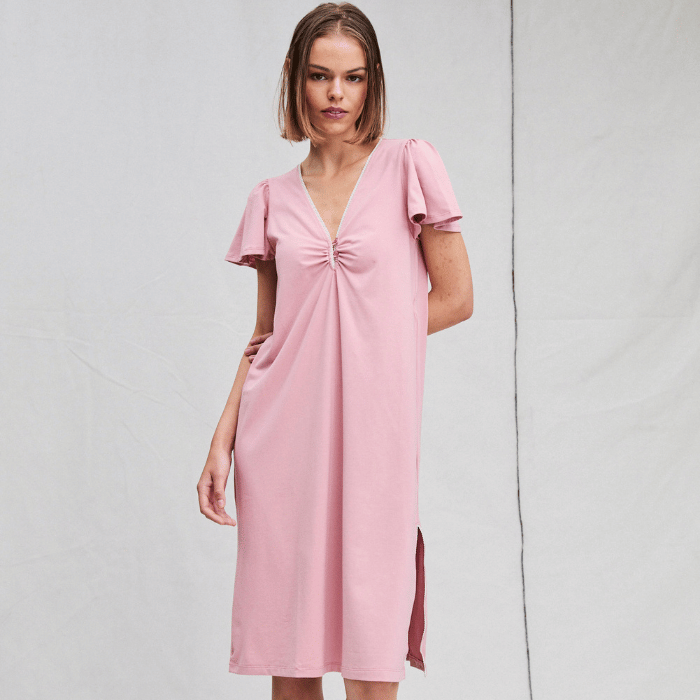 Camisa de Algodón con Detalle de Encaje y Botones hasta la Rodilla en Rosa y Blanco - Parsons